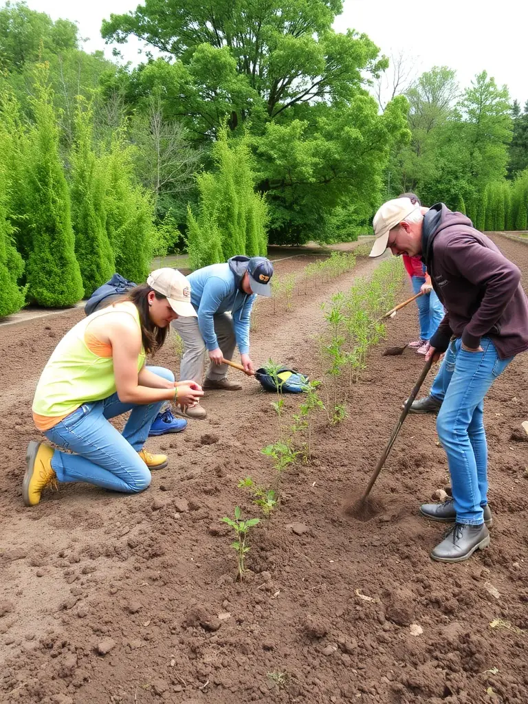 Volunteers planting new trees in a designated area of the arboretum, showcasing community involvement in reforestation efforts.