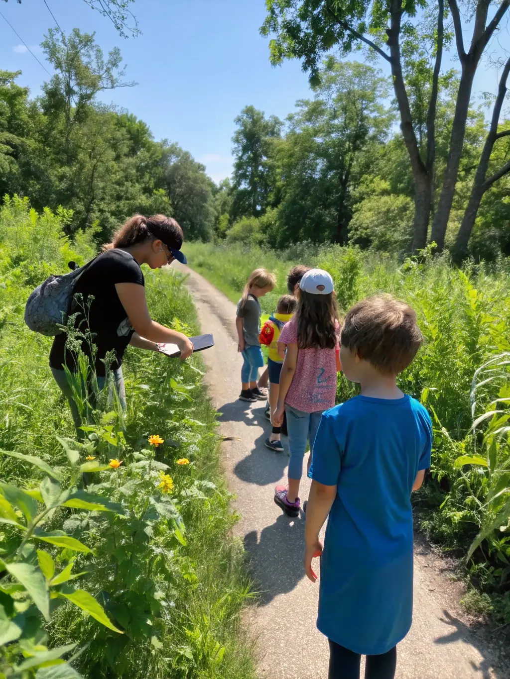 A photograph of a group of students participating in a guided nature walk through the Arboretum du Chene Vert, led by an educator. The students are observing plants and wildlife with enthusiasm.