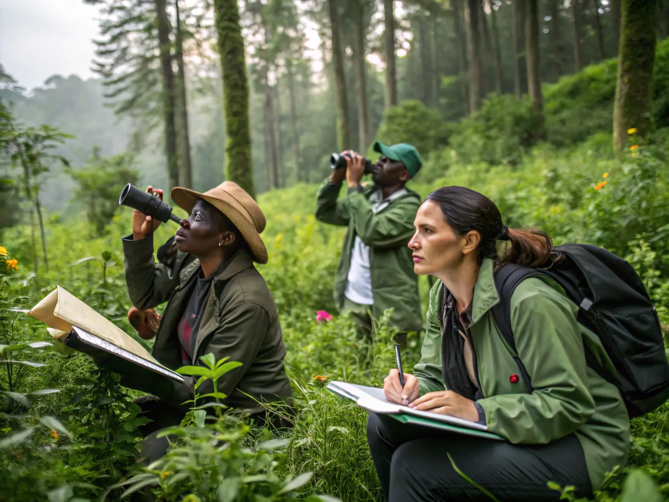 A photograph of researchers conducting a biodiversity survey in the arboretum, collecting data on plant and animal species to monitor ecosystem health.