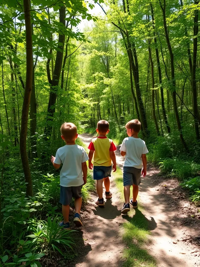 A group of children participating in a guided nature walk through the arboretum, led by an educator, focusing on identifying local plant species.