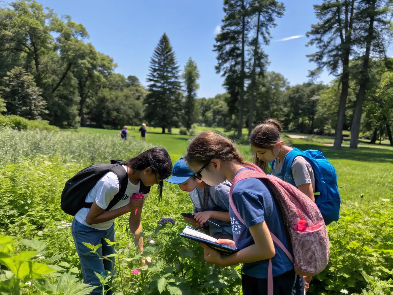 A group of students participating in a hands-on workshop about plant identification at ARBORETUM DU CHENE VERT, surrounded by lush greenery and guided by an experienced instructor.