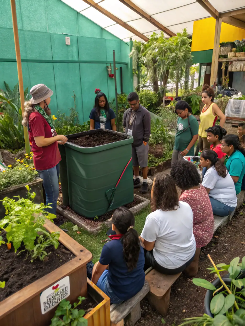 A photo of children participating in a hands-on workshop about composting and sustainable gardening at the Arboretum du Chene Vert.