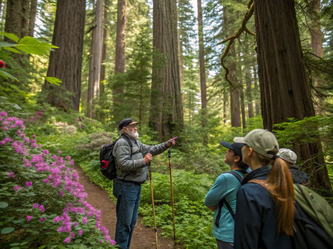 A guided tour at ARBORETUM DU CHENE VERT, with a knowledgeable guide explaining the unique features of various trees and plants to a group of interested visitors.