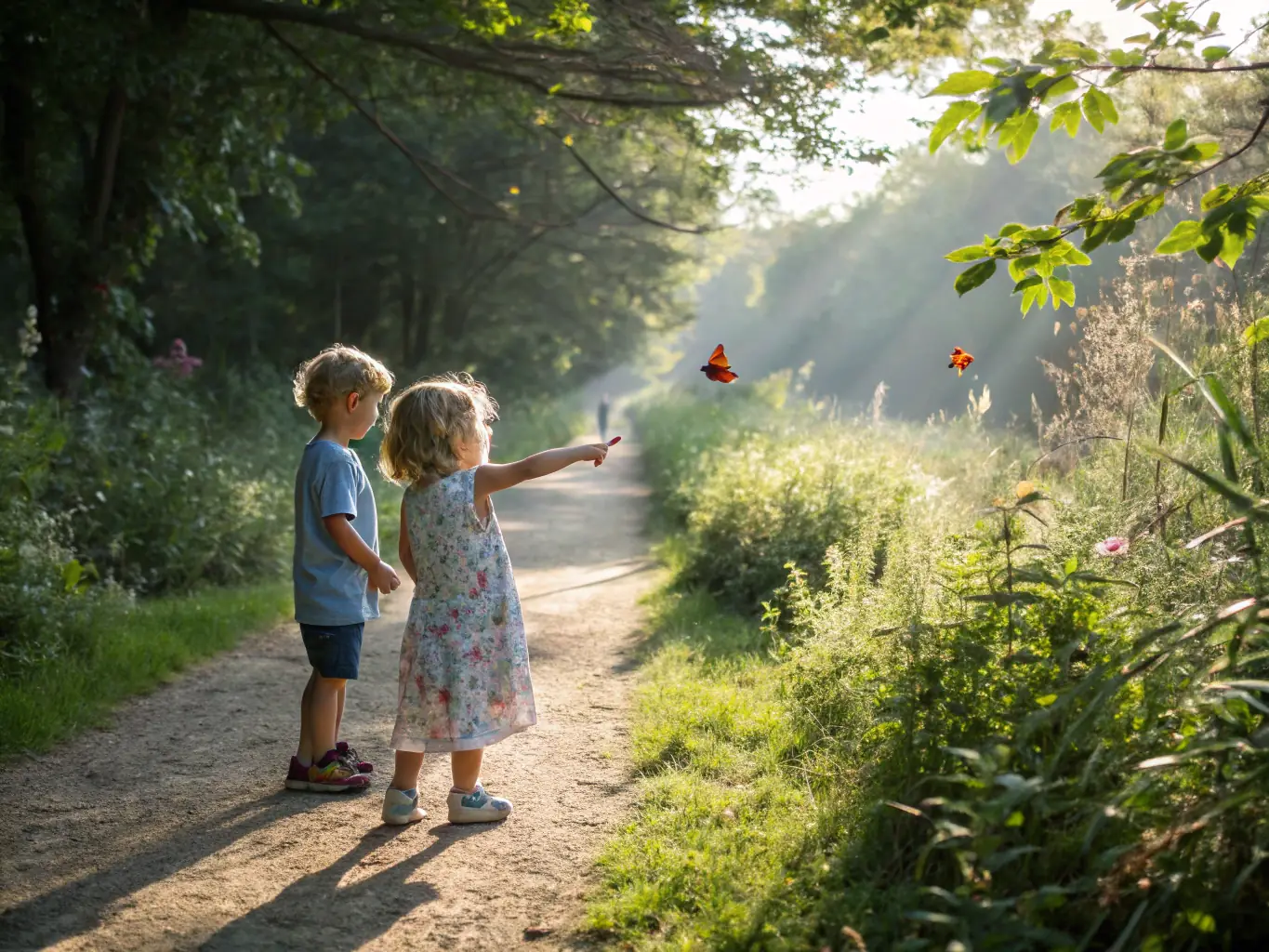 A group of children participating in a guided nature walk through the arboretum, led by an educator, focusing on identifying local plant species.