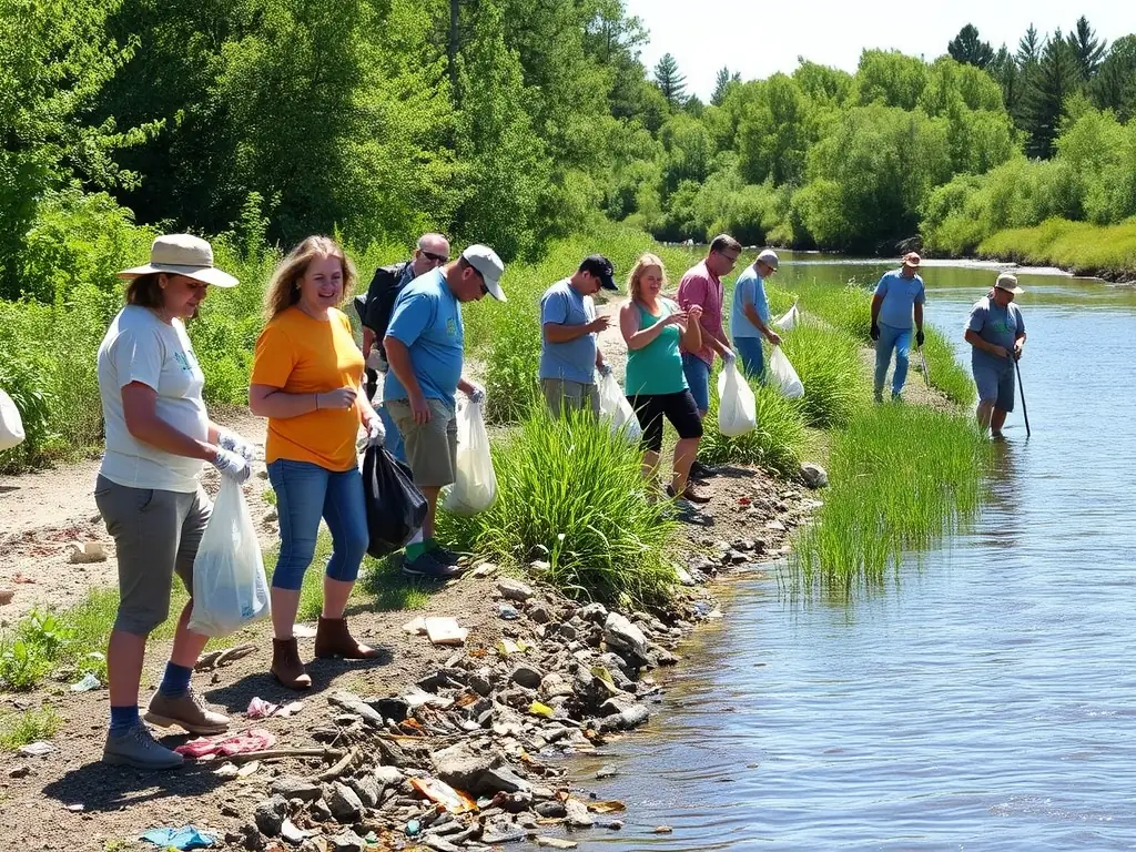 A group of volunteers cleaning up a polluted riverbank, showcasing the community involvement in ARBORETUM DU CHENE VERT's conservation projects.