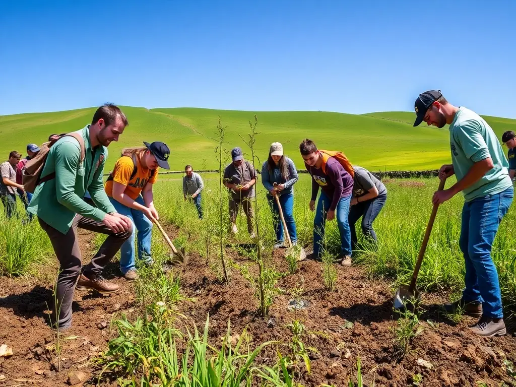Volunteers planting trees as part of a reforestation project in a designated area of the arboretum, showcasing community involvement in conservation.